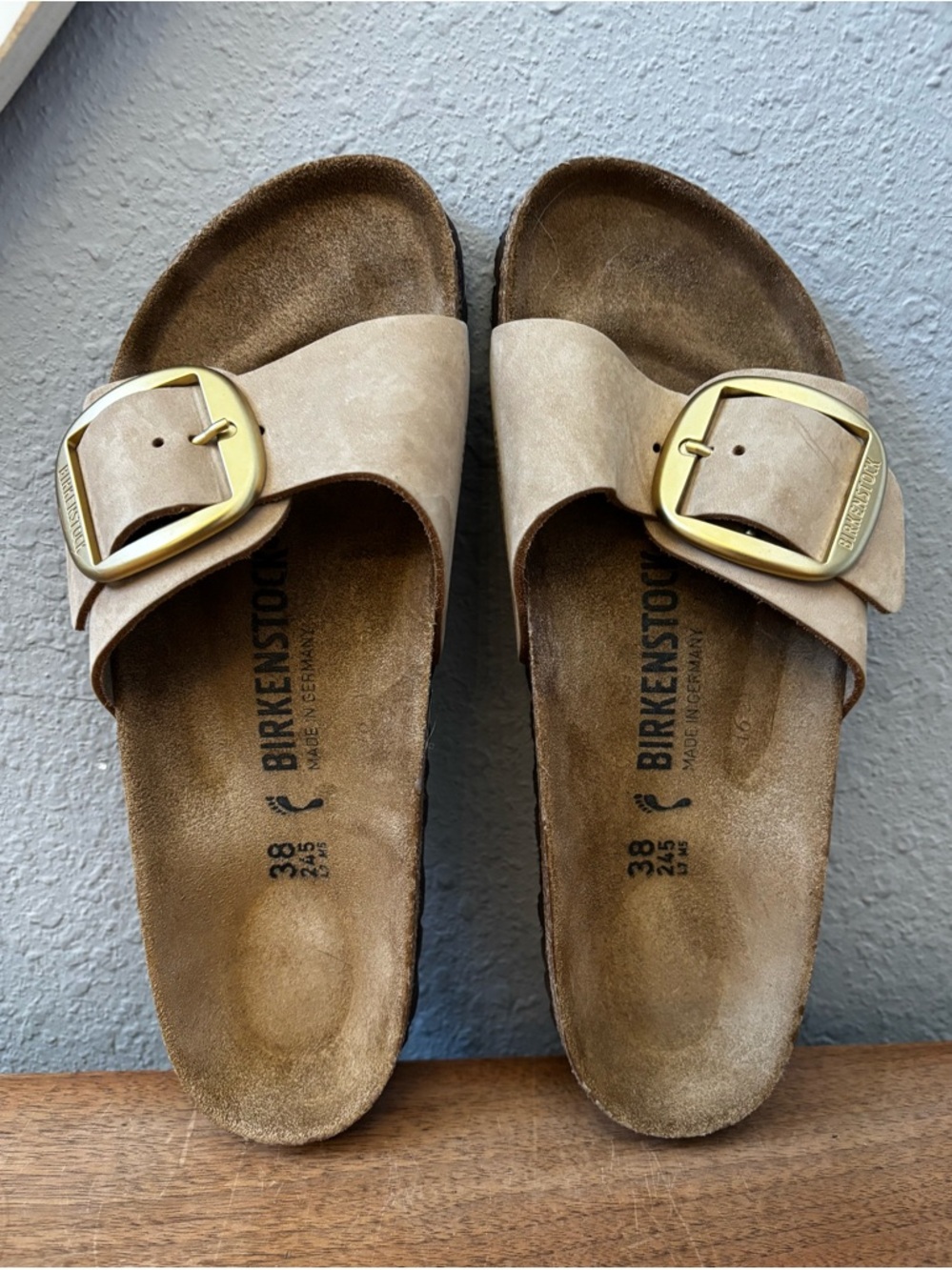Birkenstock Madrid Big Buckle Slides in Taupe and Gold Women Size 7